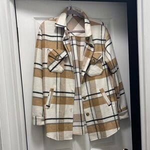Stylish Plaid Jacket - Cream and Brown